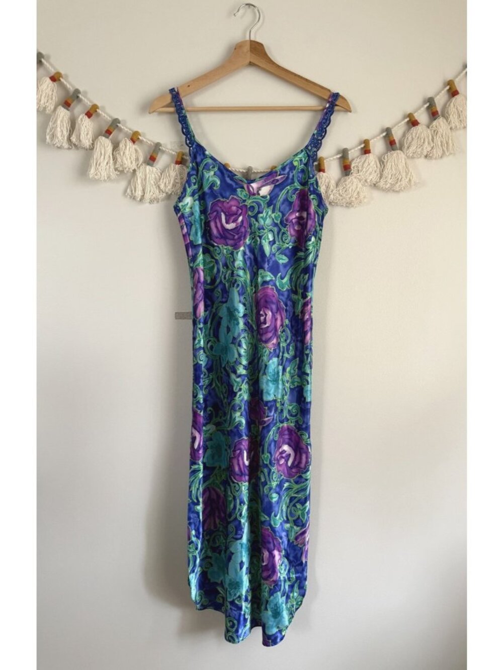 Vintage Expressions 90's Blue Green Floral Sleeveless Midi Slip Dress Romantic S